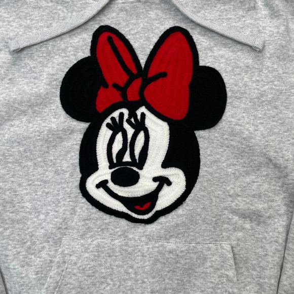 Disney Minnie Mouse Hoodie Womens Medium Gray Heather Crochet Patch Fleece Lined - Picture 5 of 5